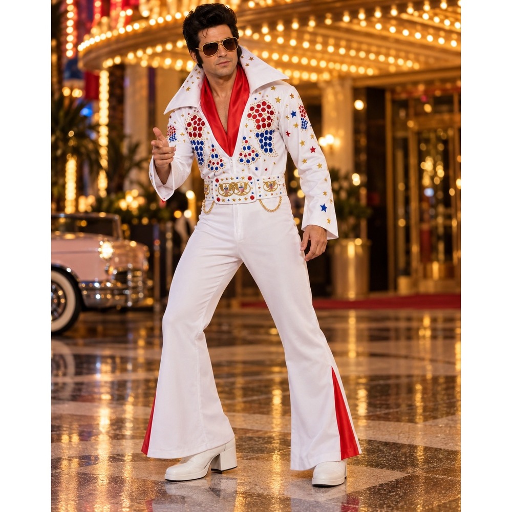 King of Vegas Elvis Costume Mens Adult Standard White Jumpsuit Belt Scarf